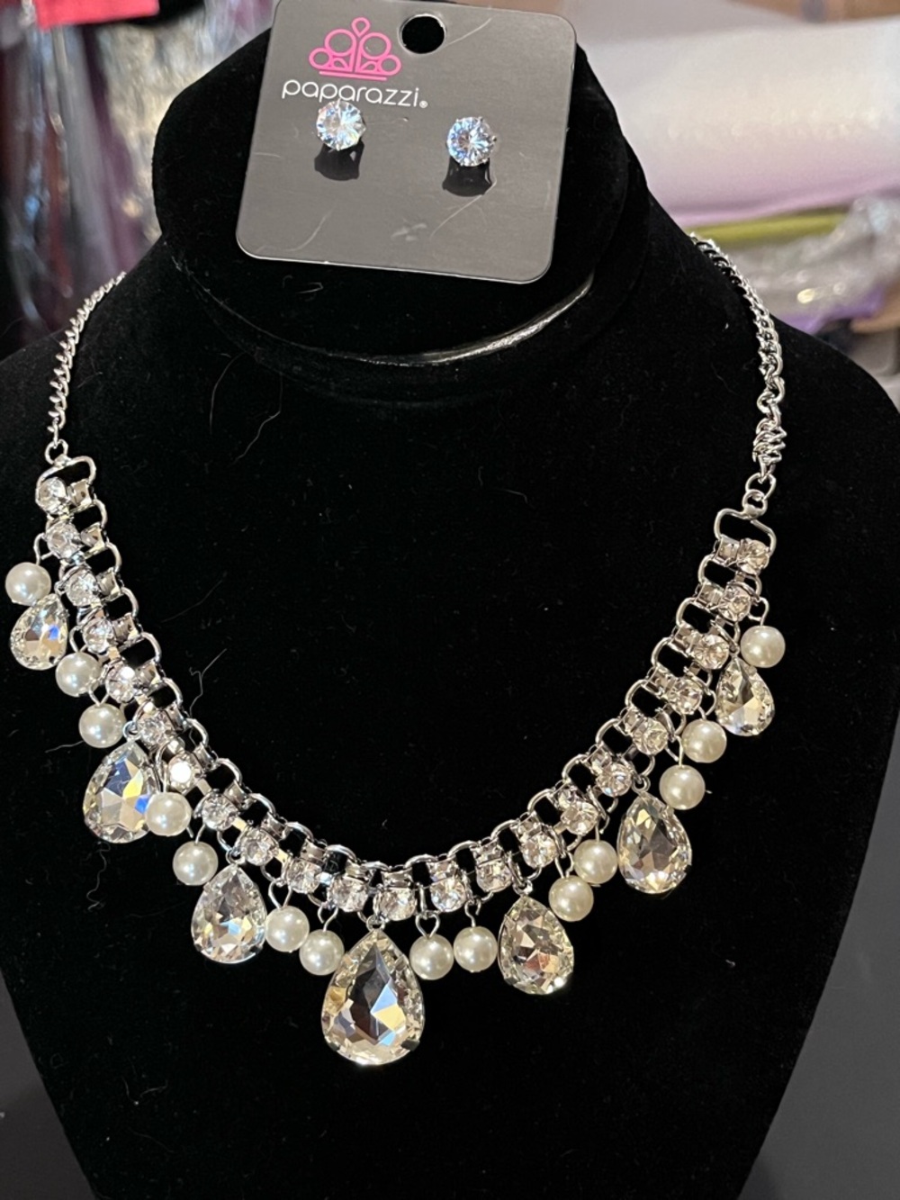 paparazzi Silver-tone  Rhinestone & Faux Pearl Necklace with Earrings